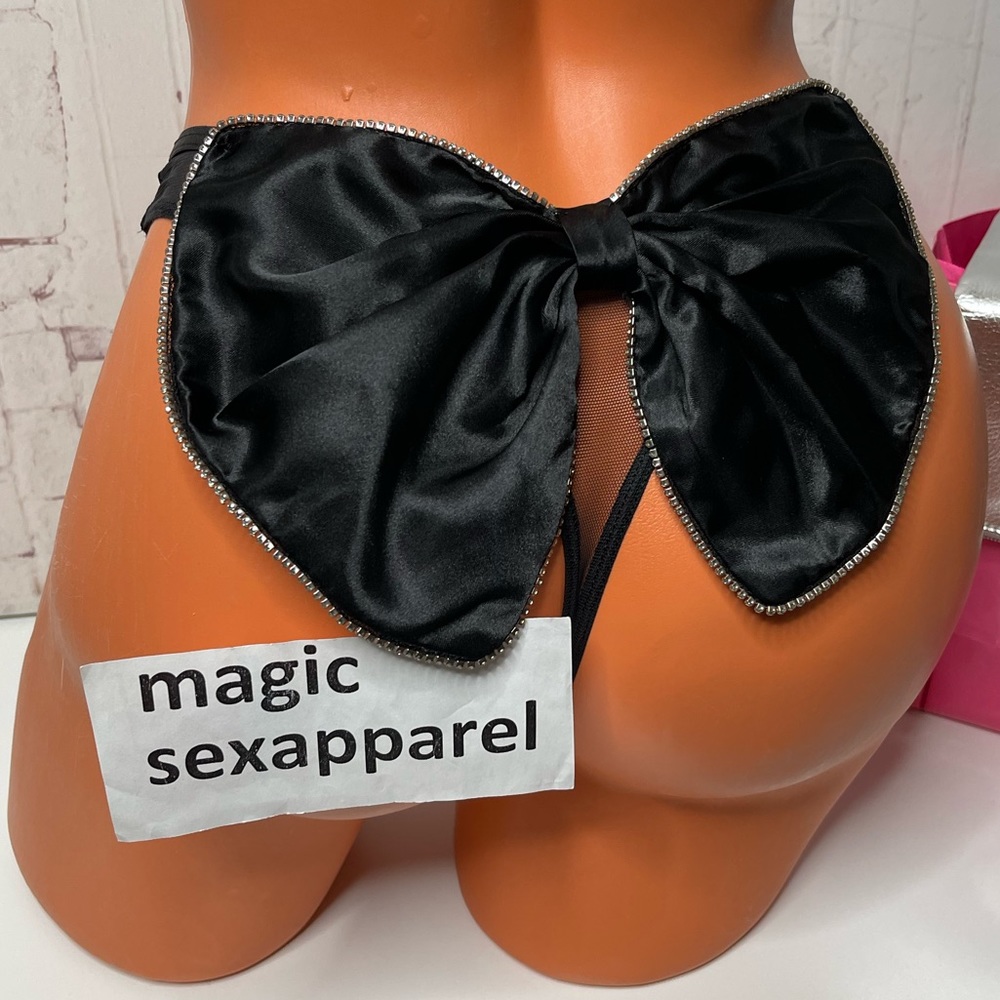 VS XS S VERY SEXY CRYSTAL EMBELLISHMENTS BOW SATIN THONG PANTY